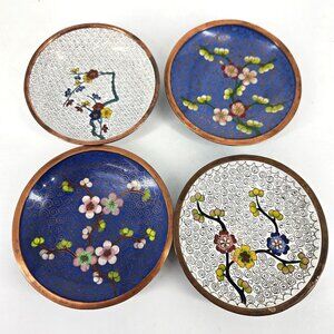 Enamel Cloisonne Dish Plate Trinket Circle 4" Blue China Floral Handpaint Lot 4